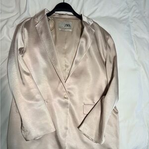 Zara Satin Single-Button Blazer in Light Champagne Pink